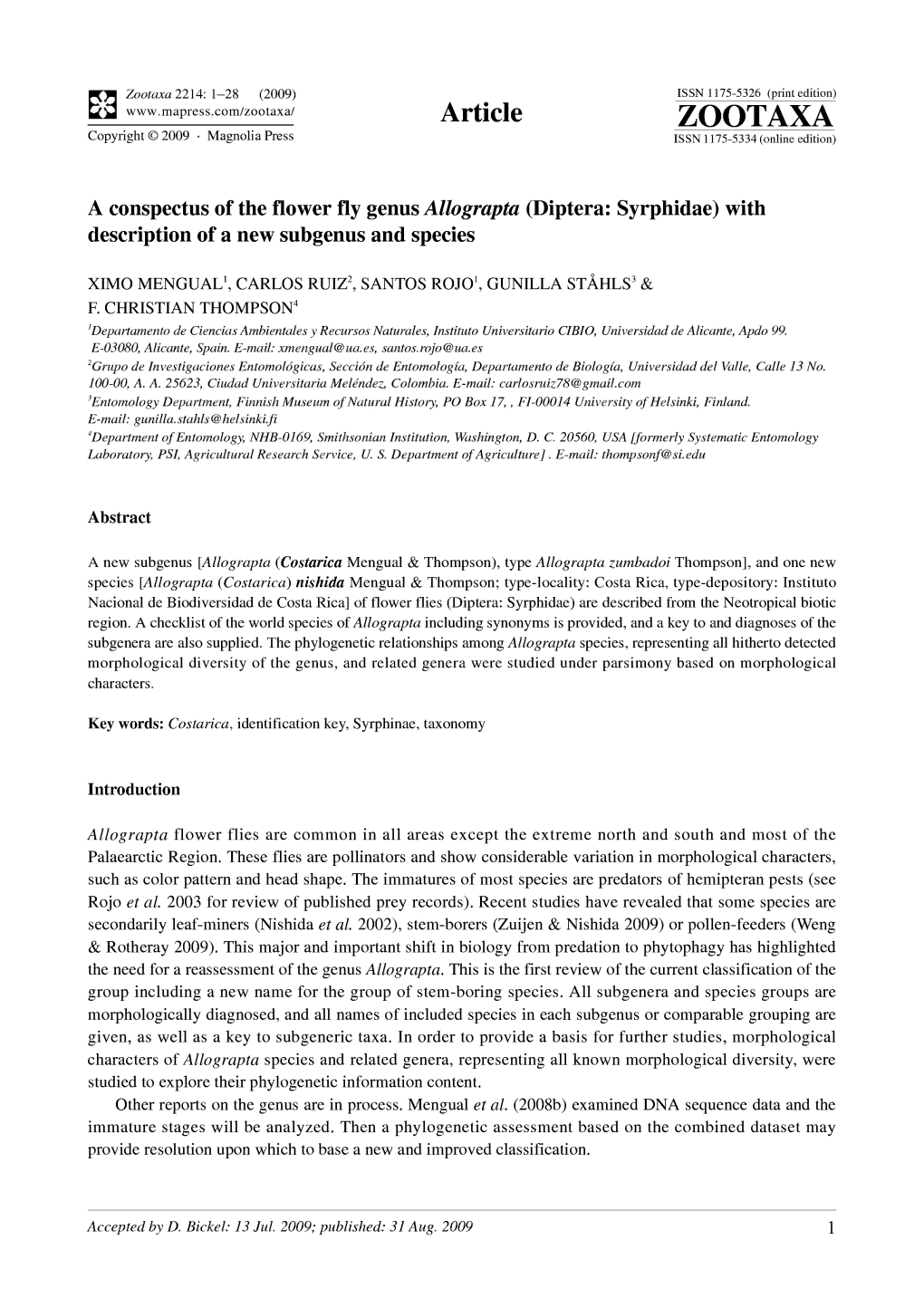 Diptera: Syrphidae) with Description of a New Subgenus and Species