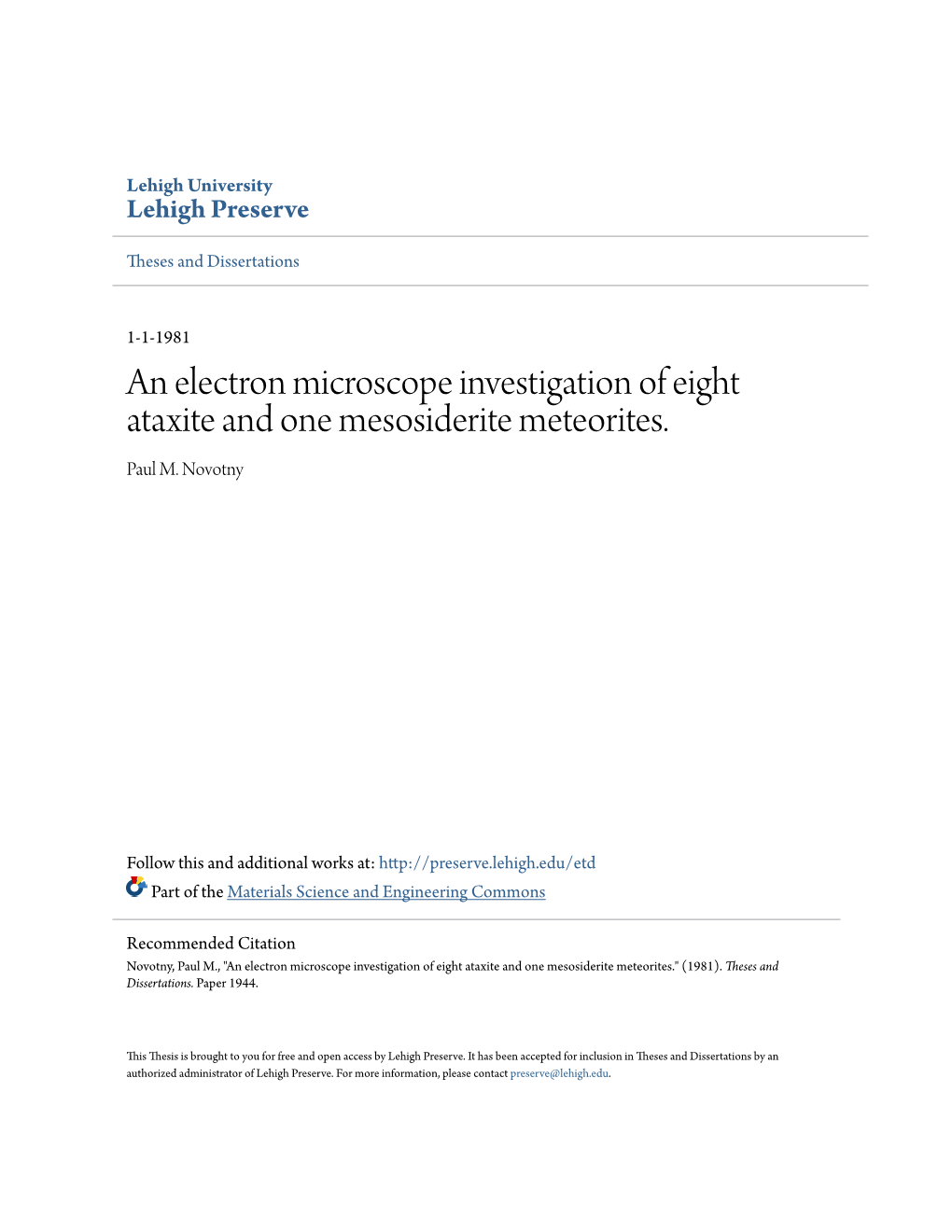 An Electron Microscope Investigation of Eight Ataxite and One Mesosiderite Meteorites