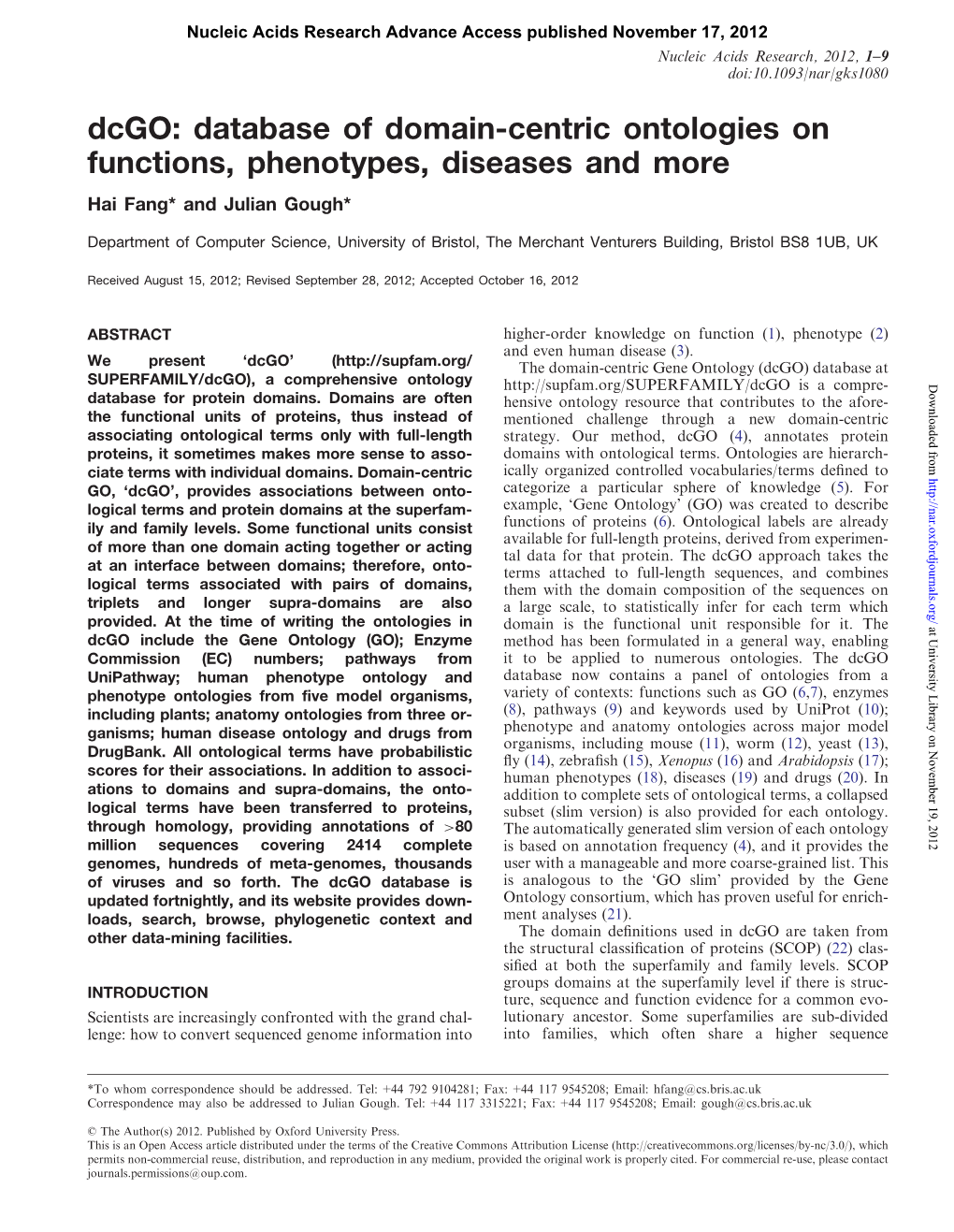 Dcgo: Database of Domain-Centric Ontologies on Functions, Phenotypes, Diseases and More Hai Fang* and Julian Gough*