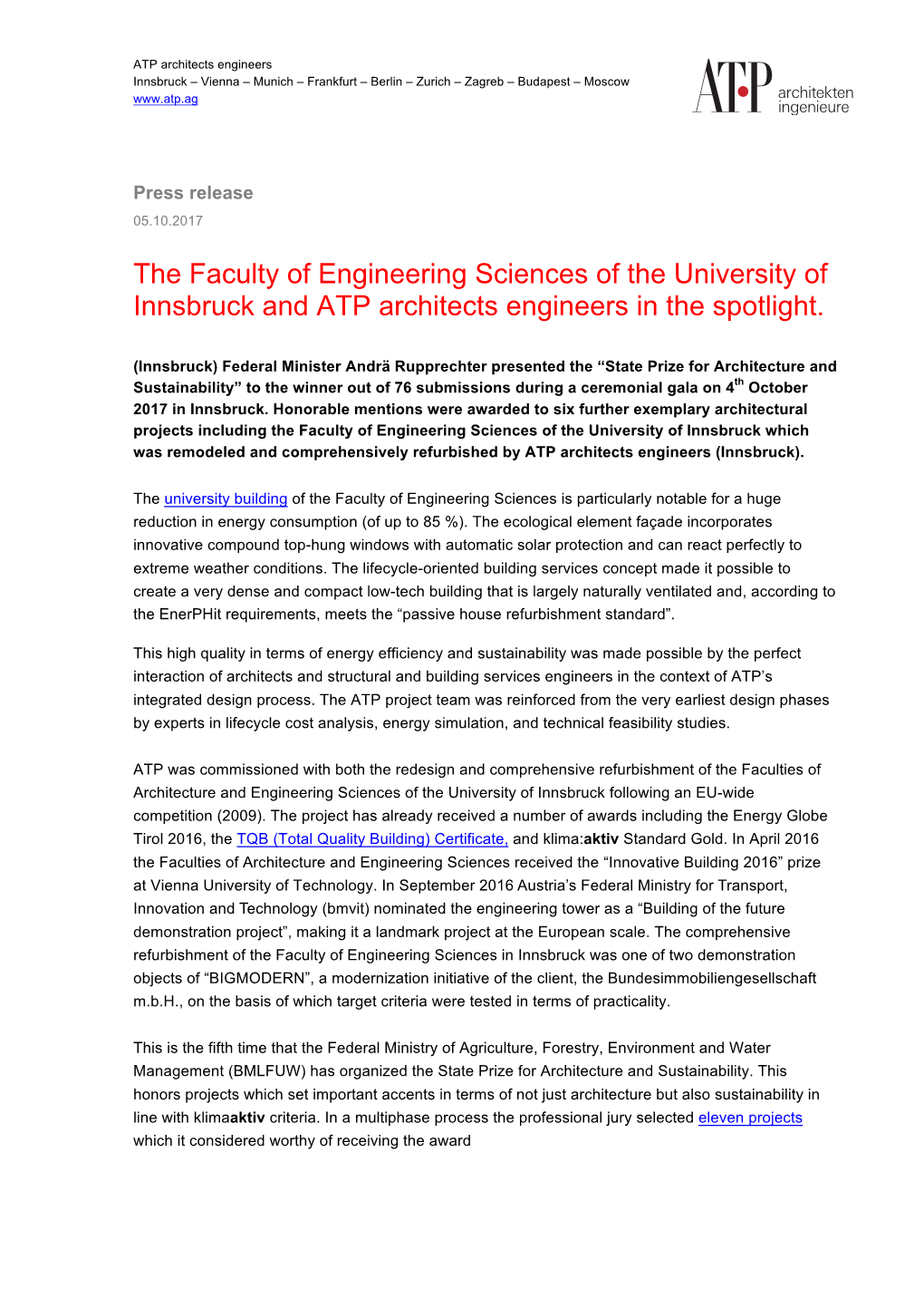 The Faculty of Engineering Sciences of the University of Innsbruck and ATP Architects Engineers in the Spotlight
