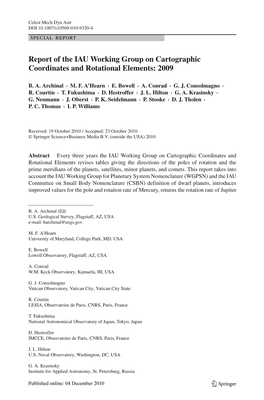 Report of the IAU Working Group on Cartographic Coordinates and Rotational Elements: 2009