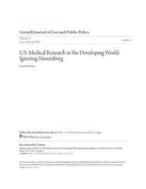 U.S. Medical Research in the Developing World: Ignoring Nuremberg Joanne Roman