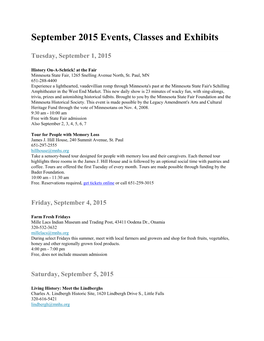 September 2015 Events, Classes and Exhibits