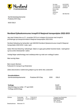 Nordland Fylkeskommunes Innspill Til Nasjonal Transportplan 2022-2033