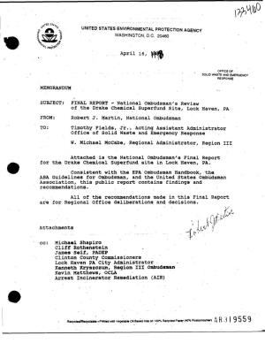 National Ombudsman's Review of the Drake Chemical Superfund Site, Lock Haven, PA FROM: Robert J