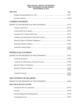 MINUTES of a REGULAR MEETING the UNIVERSITY of OKLAHOMA SEPTEMBER 14, 2016 MINUTES Page Regular Meeting Held June 21, 2016