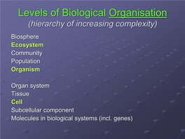 Levels of Biological Organisation (Hierarchy of Increasing Complexity) Biosphere Ecosystem Community Population Organism