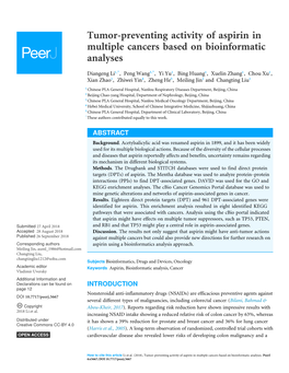 Tumor-Preventing Activity of Aspirin in Multiple Cancers Based on Bioinformatic Analyses