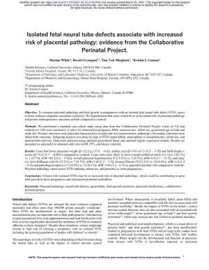 Isolated Fetal Neural Tube Defects Associate with Increased Risk of Placental Pathology: Evidence from the Collaborative