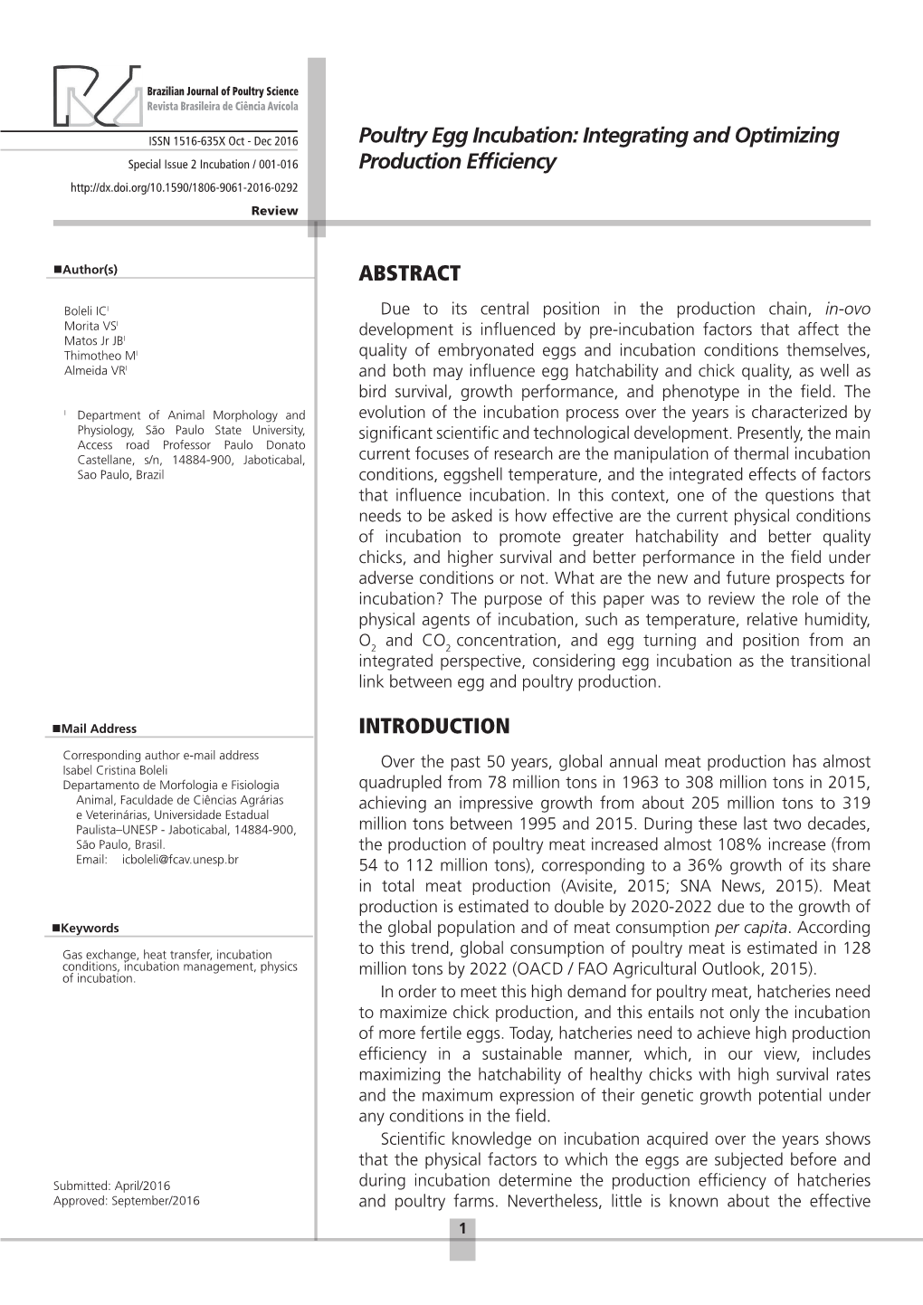 Poultry Egg Incubation: Integrating and Optimizing Special Issue 2 Incubation / 001-016 Production Efficiency Review