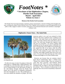 Footnotes * * Newsletter of the Highlanders Chapter, Florida Trail Association March – April 2021 Volume 22, Issue 2