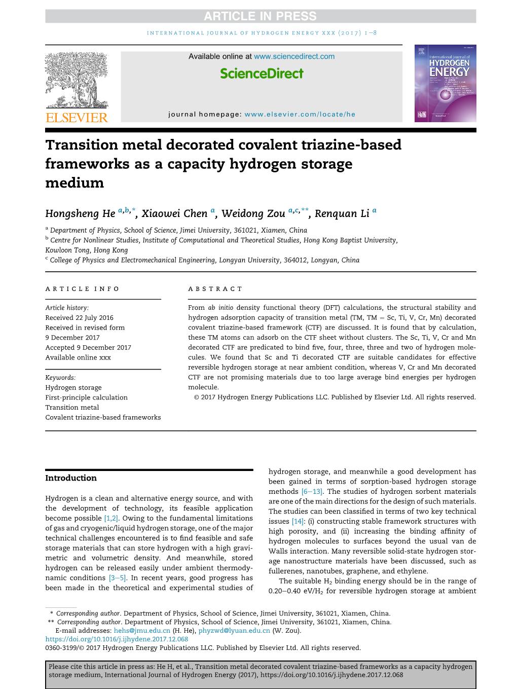 Transition Metal Decorated Covalent Triazine-Based Frameworks As a Capacity Hydrogen Storage Medium