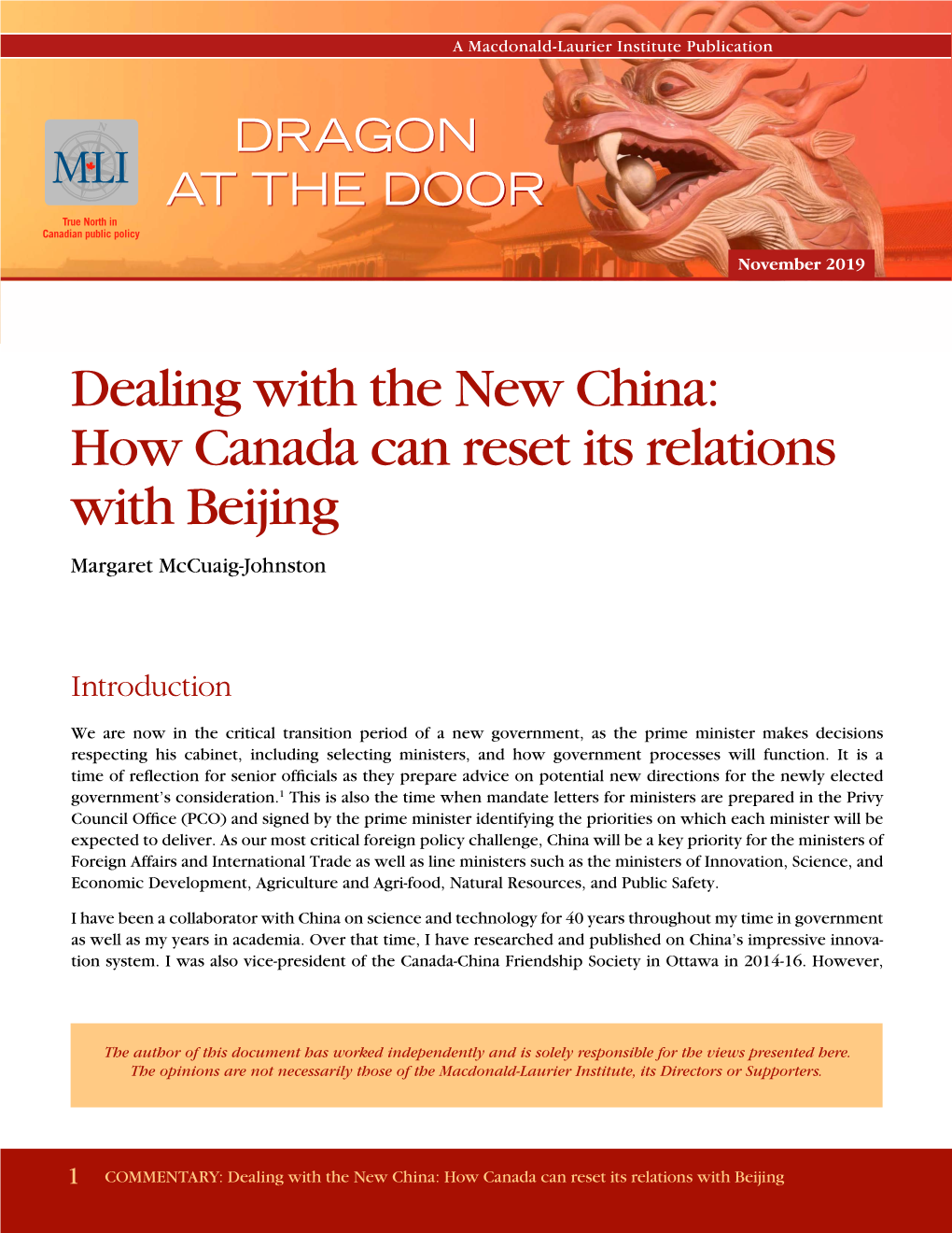 Dealing with the New China: How Canada Can Reset Its Relations with Beijing Margaret Mccuaig-Johnston