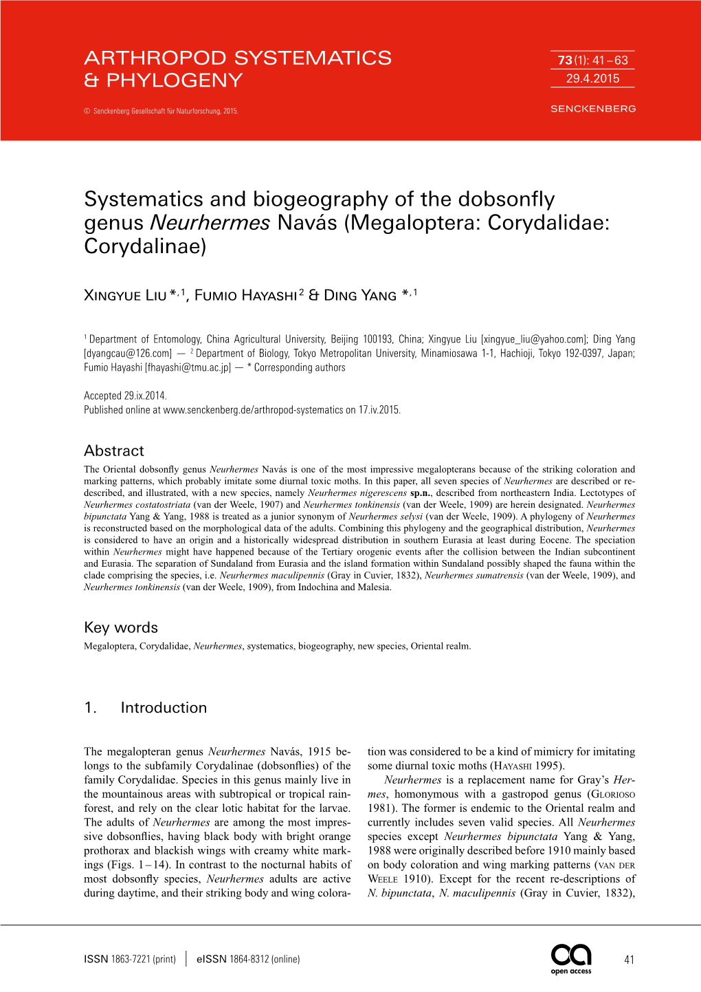 Systematics and Biogeography of the Dobsonfly Genus Neurhermes Navás (Megaloptera: Corydalidae: Corydalinae)