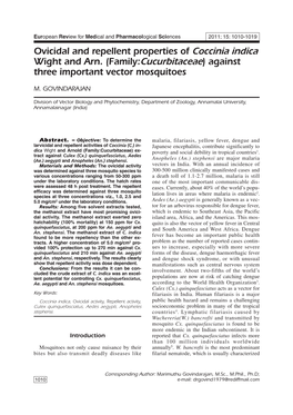 Ovicidal and Repellent Properties of Coccinia Indica Wight and Arn. (Family:Cucurbitaceae) Against Three Important Vector Mosquitoes