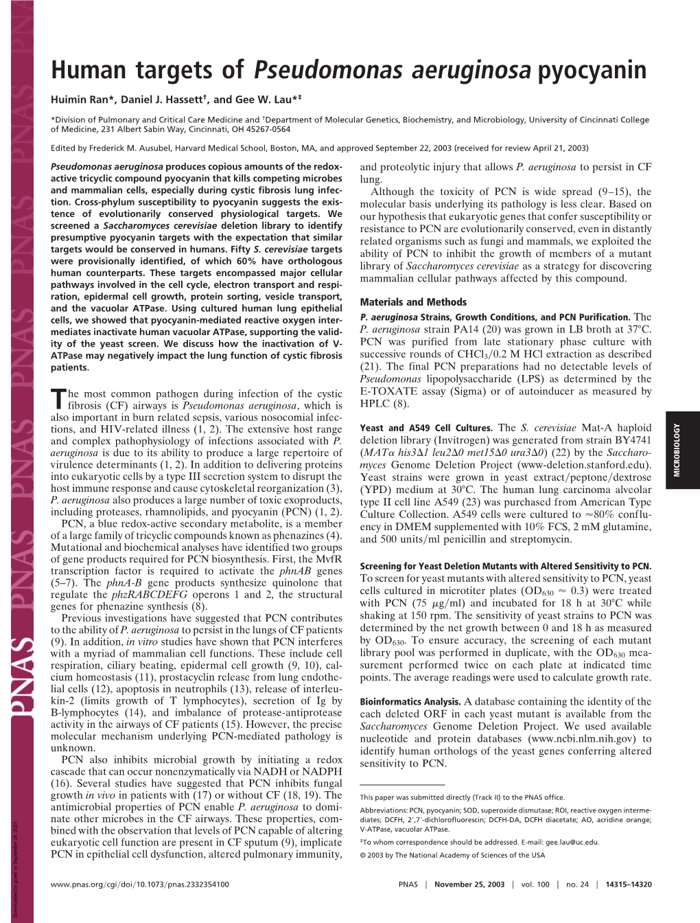 Human Targets of Pseudomonas Aeruginosa Pyocyanin