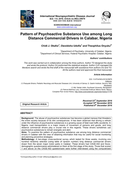 Pattern of Psychoactive Substance Use Among Long Distance Commercial Drivers in Calabar, Nigeria
