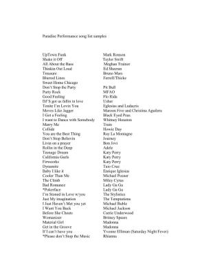 Paradise Performance Song List Samples Uptown Funk Mark