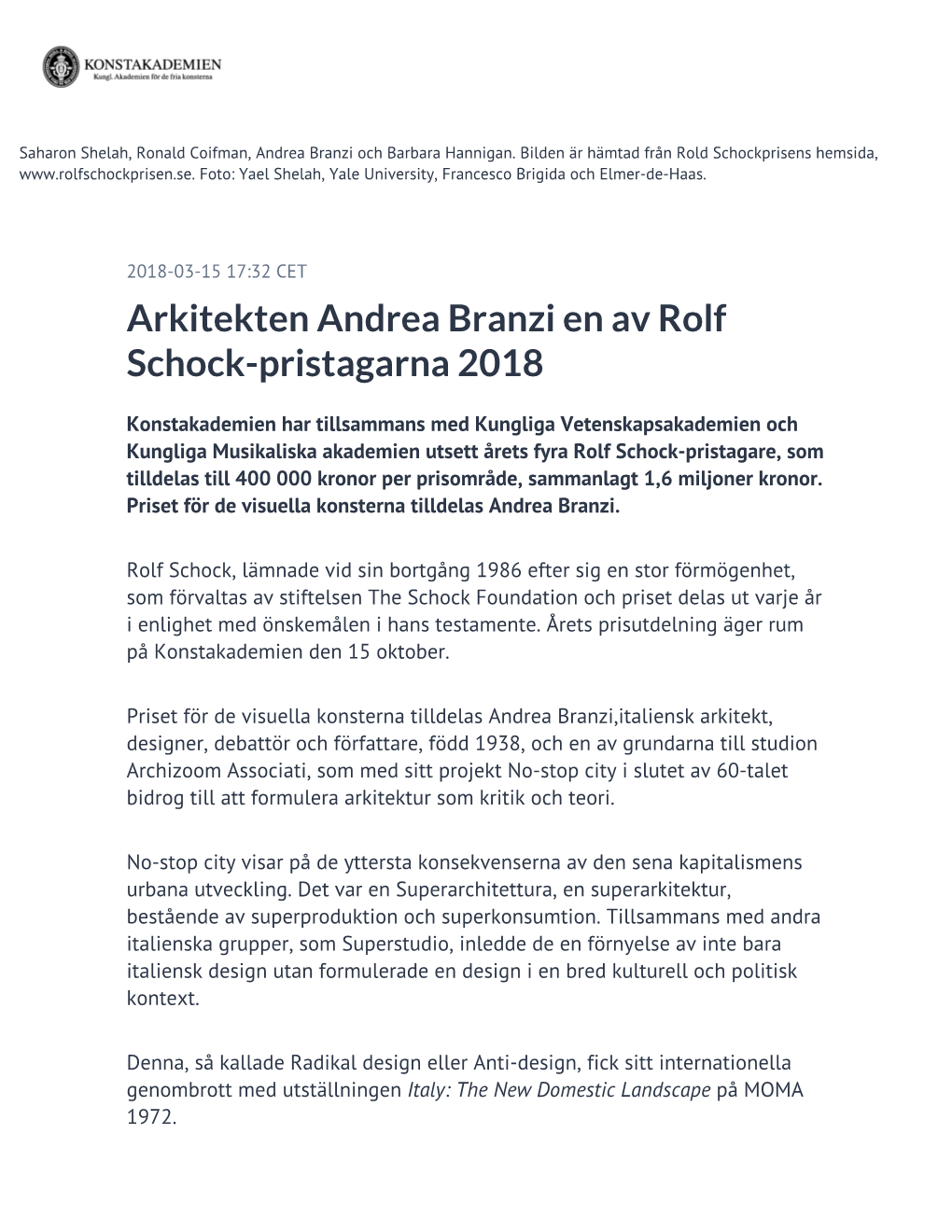 Arkitekten Andrea Branzi En Av Rolf Schock-Pristagarna 2018