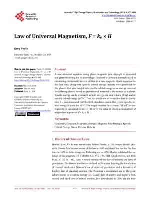 Law of Universal Magnetism, F = Ke × H