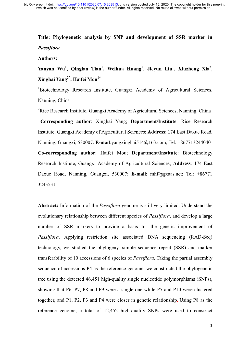 Phylogenetic Analysis by SNP and Development of SSR Marker in Passiflora