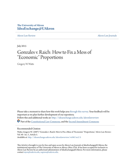 Gonzales V. Raich: How to Fix a Mess of "Economic" Proportions Gregory W