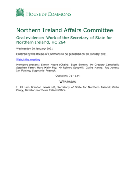 Northern Ireland Affairs Committee Oral Evidence: Work of the Secretary of State for Northern Ireland, HC 264