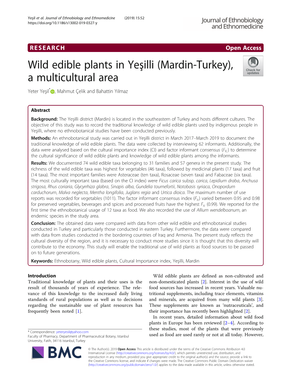 Wild Edible Plants in Yeşilli (Mardin-Turkey), a Multicultural Area Yeter Yeşil* , Mahmut Çelik and Bahattin Yılmaz