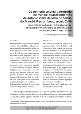 From Colonial Lordship to Territorial Authority: the Pursuit of Antônio Vieira De Melo in Ararobá Sertão (Pernambuco, 18Th Century)