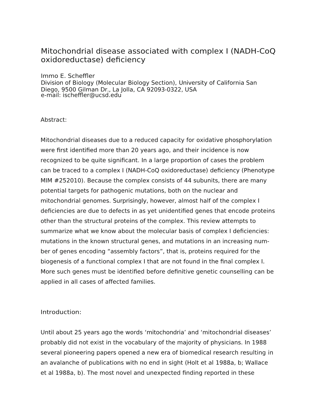 Mitochondrial Disease Associated with Complex I (NADH-Coq Oxidoreductase) Deficiency