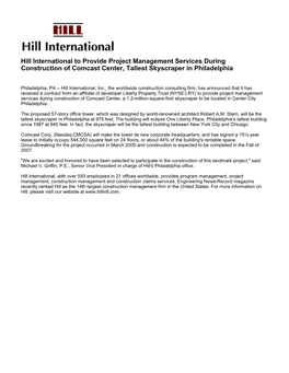 Hill International to Provide Project Management Services During Construction of Comcast Center, Tallest Skyscraper in Philadelphia