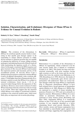 Isolation, Characterization, and Evolutionary Divergence of Mouse Rnase 6: Evidence for Unusual Evolution in Rodents