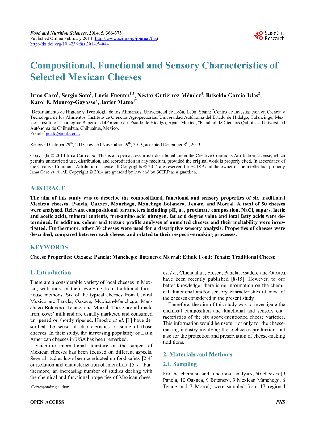Compositional, Functional and Sensory Characteristics of Selected Mexican Cheeses