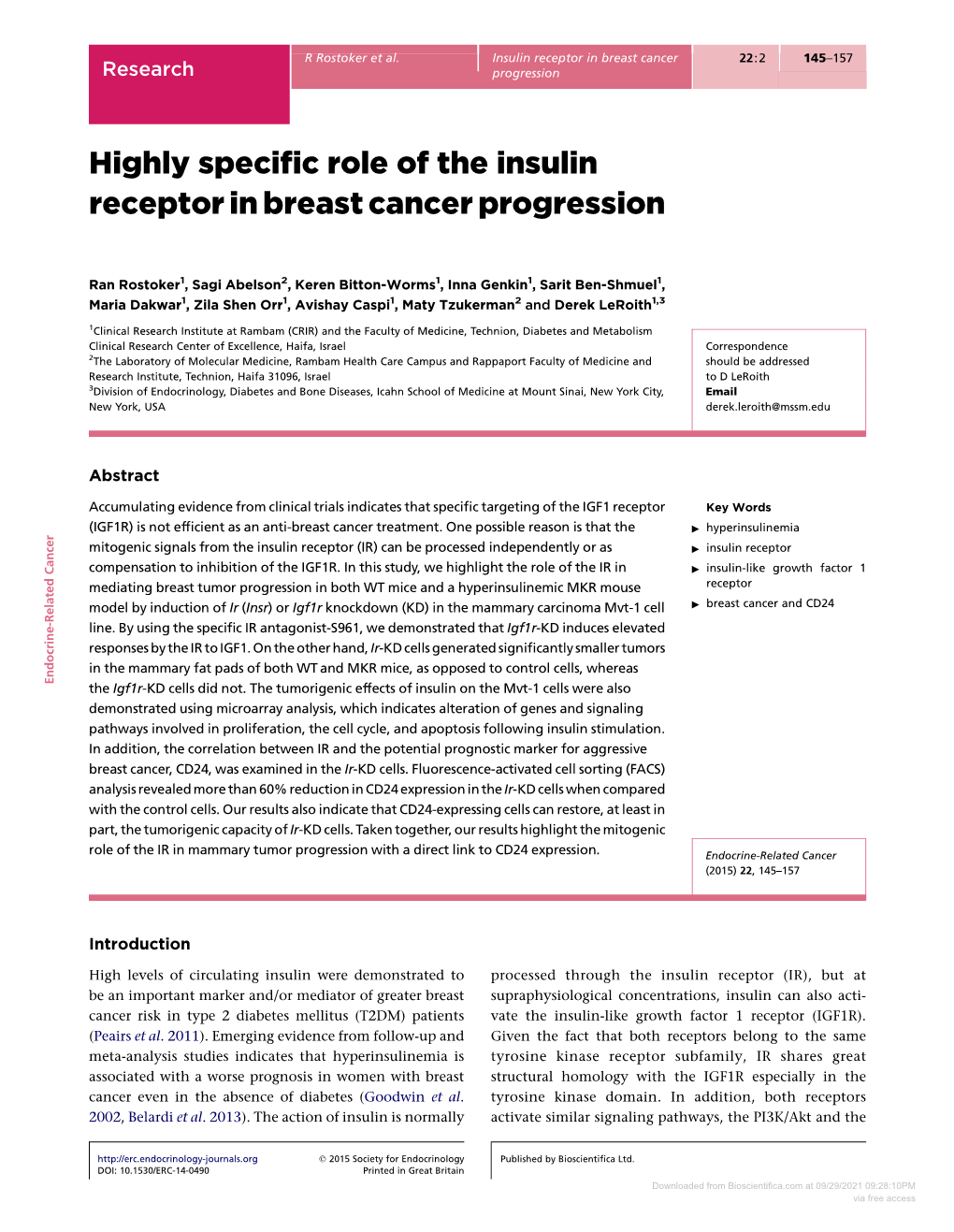 Highly Specific Role of the Insulin Receptor in Breast Cancer Progression