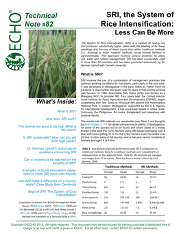 SRI, the System of Rice Intensification: Less Can Be More,” Which Described a New Approach to Rice Production That Its Advocates Claimed Could Help Achieve This Goal