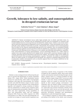 Growth, Tolerance to Low Salinity, and Osmoregulation in Decapod Crustacean Larvae