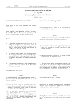 COMMISSION REGULATION (EC) No 428/2008 of 8 May 2008 on Determining the Intervention Centres for Cereals (Codified Version)