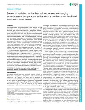 Seasonal Variation in the Thermal Responses to Changing Environmental Temperature in the World’S Northernmost Land Bird Andreas Nord1,*,‡ and Lars P