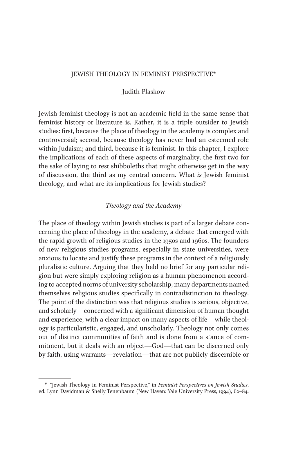 Jewish Theology in Feminist Perspective* Judith Plaskow