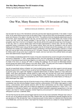 One War, Many Reasons: the US Invasion of Iraq Written by Markus Nikolas Heinrich