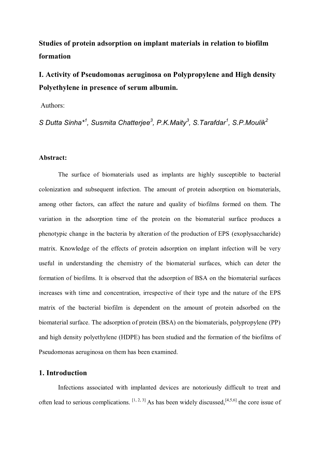 Studies of Protein Adsorption on Implant Materials in Relation to Biofilm Formation