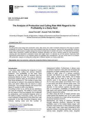 The Analysis of Production and Culling Rate with Regard to the Profitability in a Dairy Herd