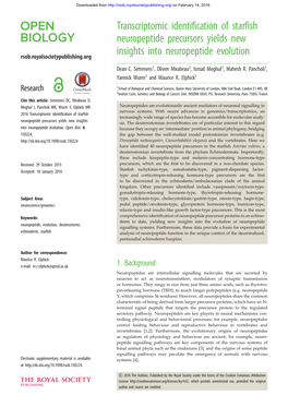 Transcriptomic Identification of Starfish Neuropeptide Precursors Yields New Rsob.Royalsocietypublishing.Org Insights Into Neuropeptide Evolution Dean C