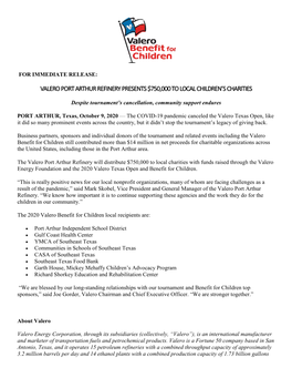 Valero Port Arthur Refinery Presents $750000 to Local Children's Charities