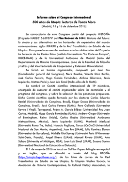 Informe Sobre El Congreso Internacional 500 Años De Utopía: Lecturas De Tomás Moro (Madrid, 15 Y 16 De Diciembre 2016)