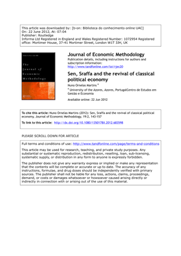 Journal of Economic Methodology Sen, Sraffa and the Revival Of