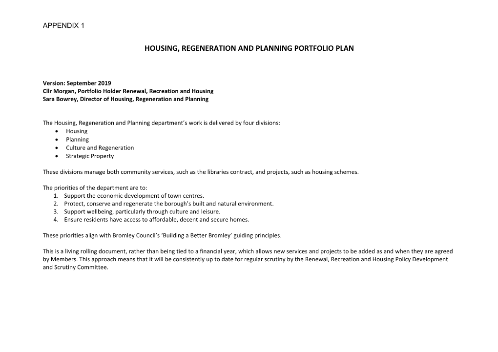 Housing, Regeneration and Planning Portfolio Plan