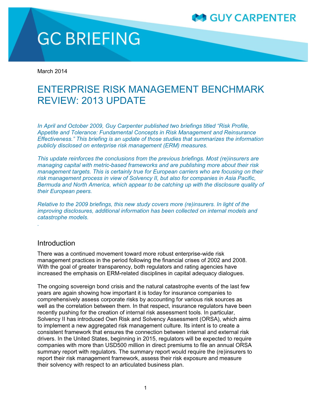 Enterprise Risk Management Benchmark Review: 2013 Update