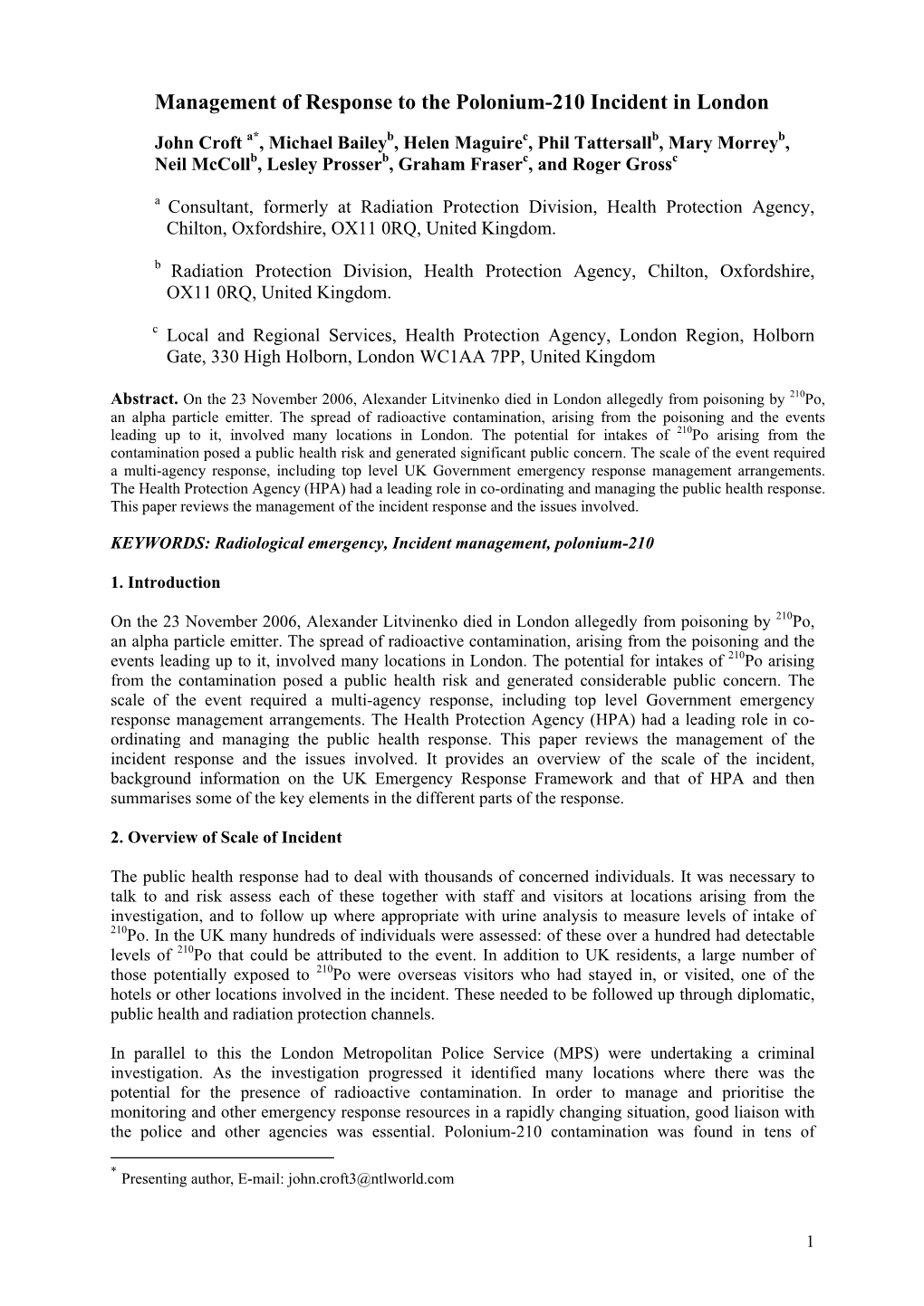 Management of Response to the Polonium-210 Incident in London