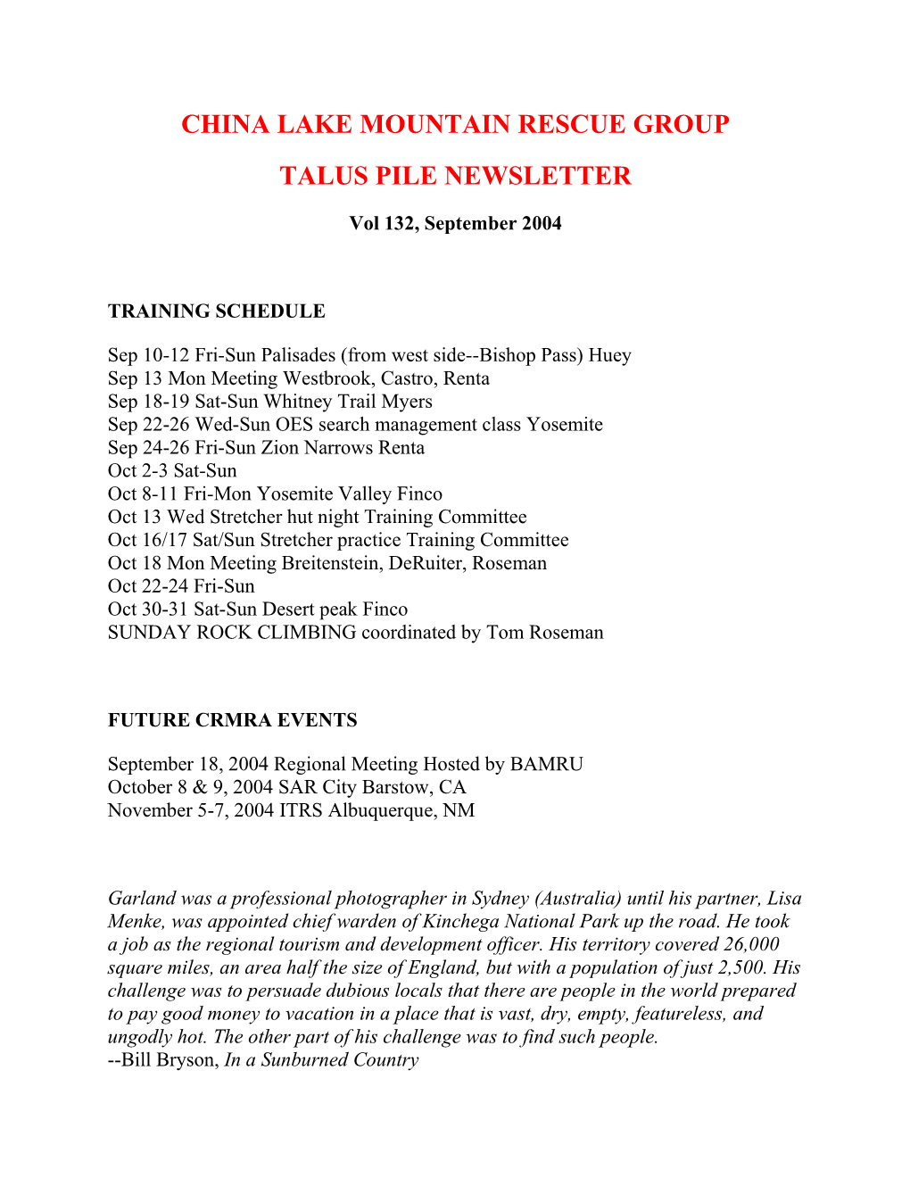 China Lake Mountain Rescue Group Talus Pile Newsletter